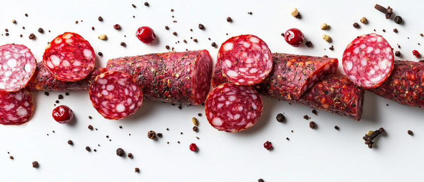Slices of spiced salami against a white background whet the appetite, creating a striking backdrop for food publications.
