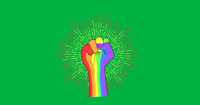 Digital animation of glowing rainbow fist icon against black background
