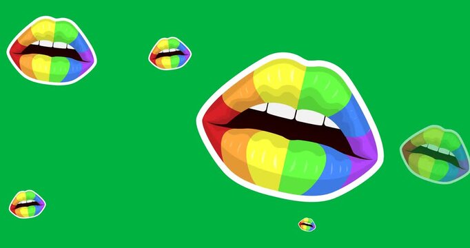 Digital animation of multiple rainbow lips icons against black background