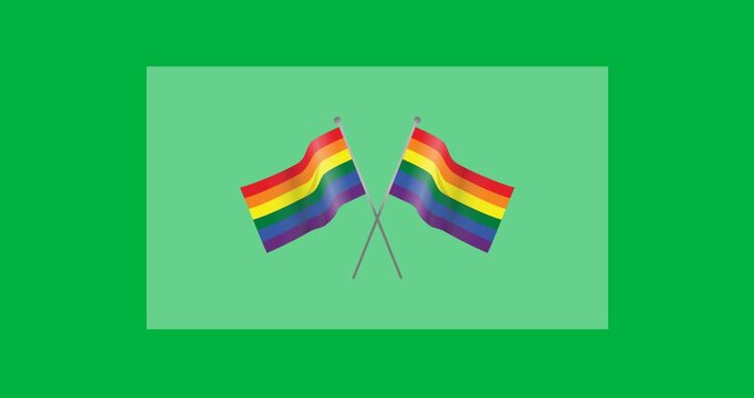 Digital animation of two rainbow flags icons over rectangular grey banner against black background