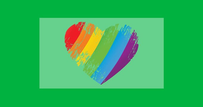 Digital animation of rainbow heart icon over rectangular grey banner against black background