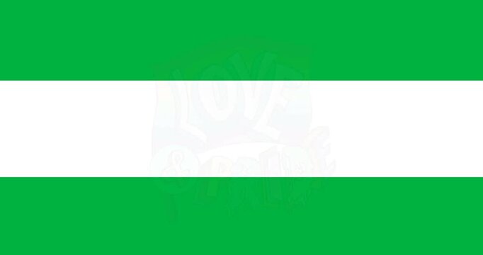 Digital animation of love and pride text over rainbow flag against white stripe on black background