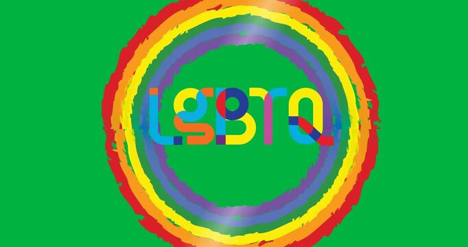 Digital animation of rainbow lgbtq text banner over a rainbow circle against black background