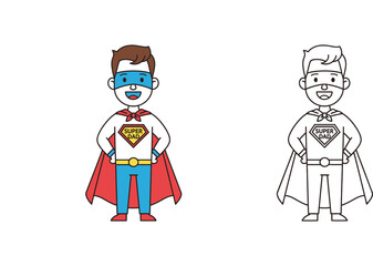 Super dad cartoon superhero character vector illustration, colored and black and white outline version for coloring book page, happy Father's Day concept. © MstTabassum