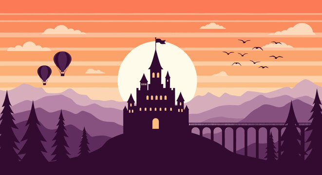 Whimsical sunset over a distant castle with bridge and balloons.