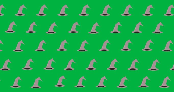 Halloween digital pattern features scary icons and witch hats on a black background.