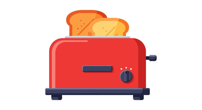 Red toaster with two slices of bread popping out on a white background, modern kitchen illustration.