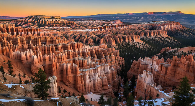 Overhead view of bryce canyon national park with hoodoos and pine trees