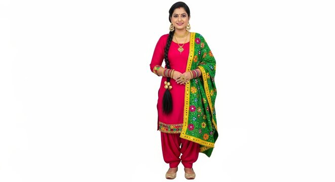Beautiful indian woman elegantly poses, smiling confidently in a vibrant pink traditional salwar kameez with an ornate green dupatta.