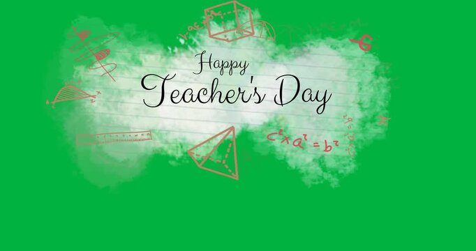 Happy teachers day text and mathematics equations over white lined paper banner