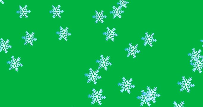 Digital animation of multiple blue snowflakes icons falling against black background