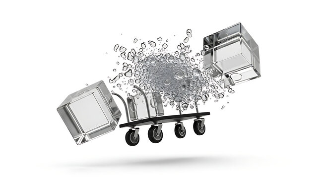 Abstract metallic cubes shattering and exploding on a wheeled platform, creating a dynamic splash effect, representing data fragmentation or system breakdown