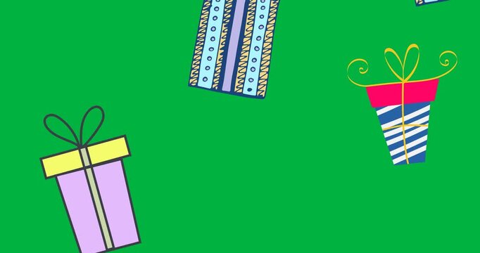 Digital animation of multiple gifts icons falling against black background
