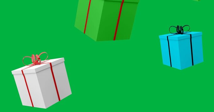Digital animation of multiple gifts icons falling against black background