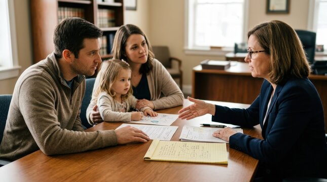 Young family discussing estate planning with attorney focusing on handwritten documents and gestures blurred background emphasizes trust setup importance.