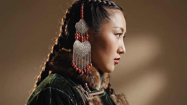 Young Asian woman wearing elaborate traditional Mongolian dress and ornate jewelry in a studio portrait for cultural heritage concept and ethnic beauty