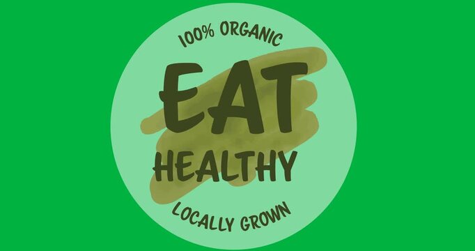 Digital animation of eat healthy text over a grey round banner on black background