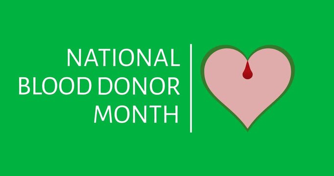 Digital animation of national blood donor month text banner with heart shape on black background