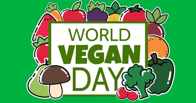 World vegan day text banner with multiple vegetables and fruits icon against black background