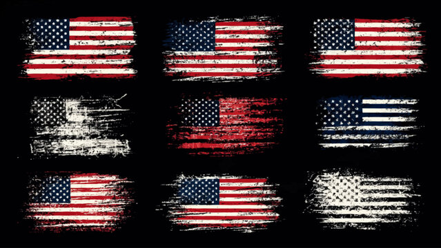 Distressed American flag icons on a globe with rough texture and artisanal designs