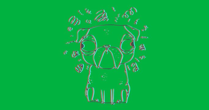 Digital animation of puppy dog on grass icon against black background