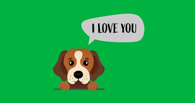 Digital animation of dog icon with i love you text in a speech bubble icon against black background