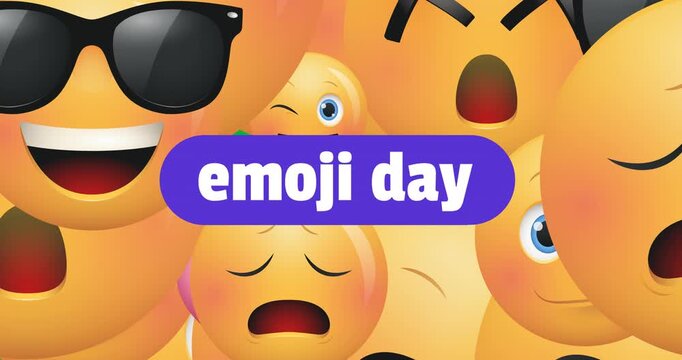 Emoji day text banner over multiple face emojis floating against transparent background
