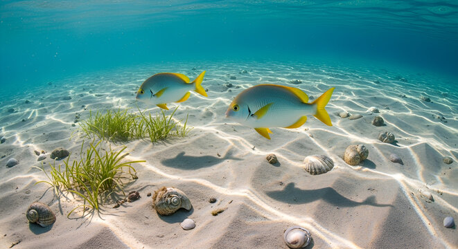Two queenfish swimming over a sunny sandy seabed in clear water