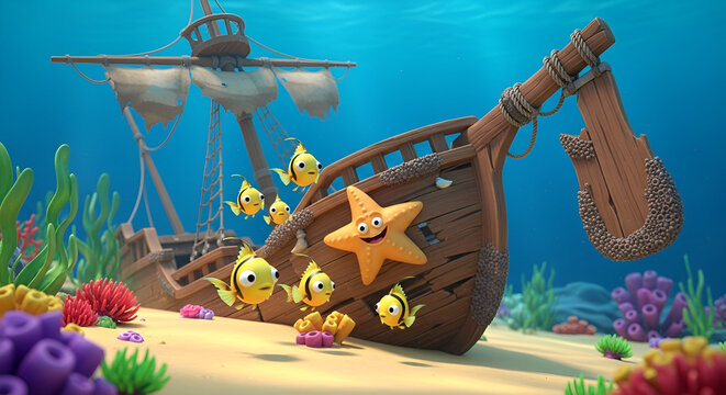 Cute Queenfish and Starfish Swimming Near Sunken Pirate Ship