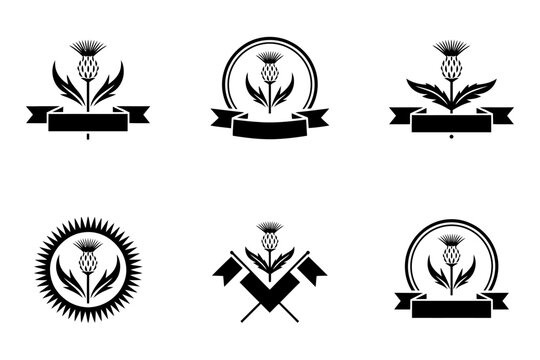 Vector collection of six thistle emblems with various designs and ribbons