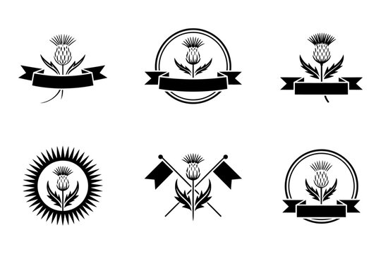 Collection of six vectors featuring thistle designs with ribbons and flags