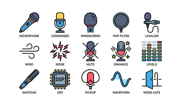Audio equipment icons: microphone, windscreen, lavalier, dsp, noise gate