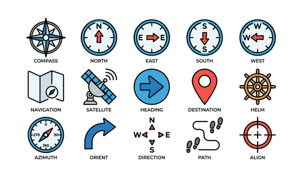 Compass and navigation icons set with directions and travel symbols