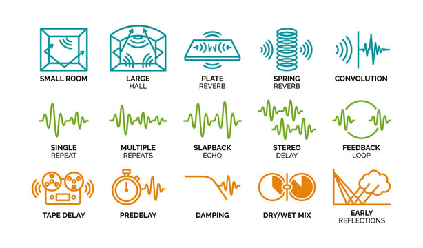 Audio effect icons: reverb, echo, delay, feedback, damping