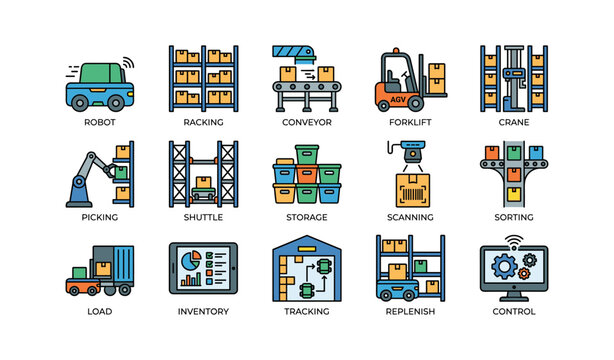 Warehouse automation components: robot, forklift, inventory, control, storage