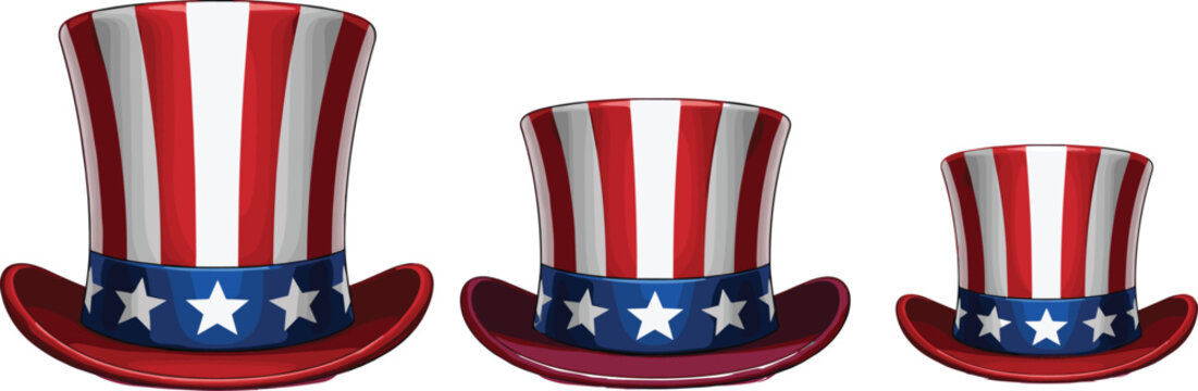 Patriotic Uncle Sam Hats Vector Set with Red, White, and Blue Stripes for Fourth of July, Independence Day, and Celebration Design