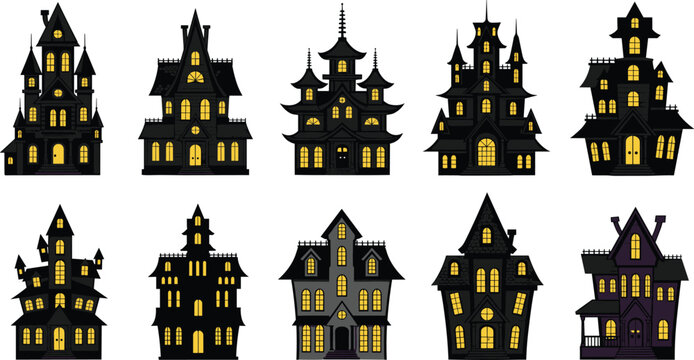 Spooky Haunted House Vector Set with Gothic, Victorian, and Dark Designs for Halloween and Horror Themed Illustrations