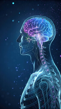 Brain human silhouette nervous system anatomy medical neuroscience Brain activity head profile Nervous pathway 3D render luminous brain