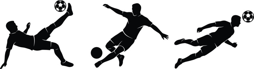 Black silhouette illustration of soccer players performing bicycle kick, sliding tackle, and diving header with ball, emphasizing athletic skill, motion, and competitive energy © SOURAV
