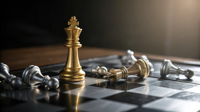 Chess board king piece gold silver checkmate strategy Gold king standing chess board with fallen silver piece reflective surface, dramatic light