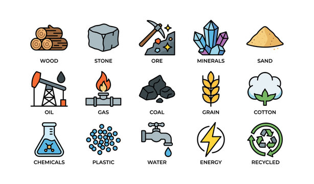 Icons of natural resources: wood, stone, ore, minerals, sand, and more