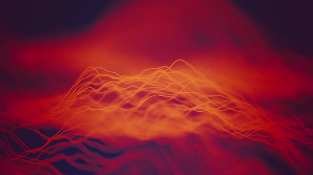 Seamless loop 3D animation of glowing red and yellow abstract threads moving in waves like digital mountains or data graphs. Selective focus on dark purple and blue background. Macro shot, blurred.