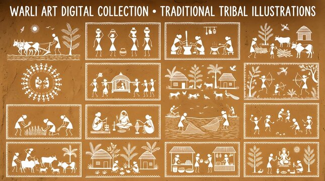 A collection of traditional Warli art illustrations depicting various tribal scenes and daily life activities in a digital format.