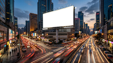 Fototapeta premium Vibrant city traffic light trails streak across a busy urban highway at dusk, capturing the motion of transportation amidst a glowing downtown skyline and modern skyscraper architecture in Asia