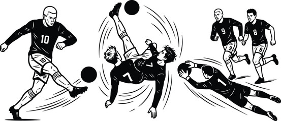 Fototapeta premium Black silhouette illustration of soccer players in dynamic match scene with bicycle kick, diving goalkeeper save, and running motion emphasizing athletic energy and teamwork