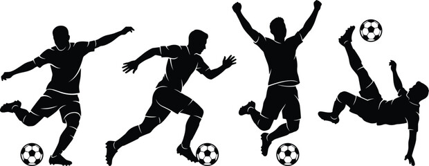 Black silhouette illustration of four soccer players in dynamic poses including kick, dribble, celebration, and bicycle kick, emphasizing athletic energy and teamwork © SOURAV