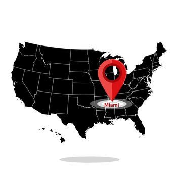 Stylized United States map highlighting Miami Florida with a location marker icon