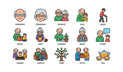 Fototapeta premium Elderly activities and family interaction icons