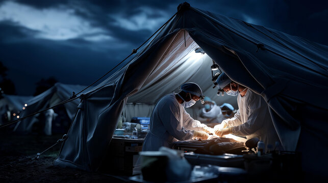 Surgeons operating under harsh lights in a military field hospital tent at night in an urgent emergency atmosphere