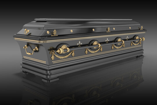 3d Luxus Hochglanz Sarg aus Edelholz in schwarz und Gold auf schwarz-wei&szlig;en Hintergrund